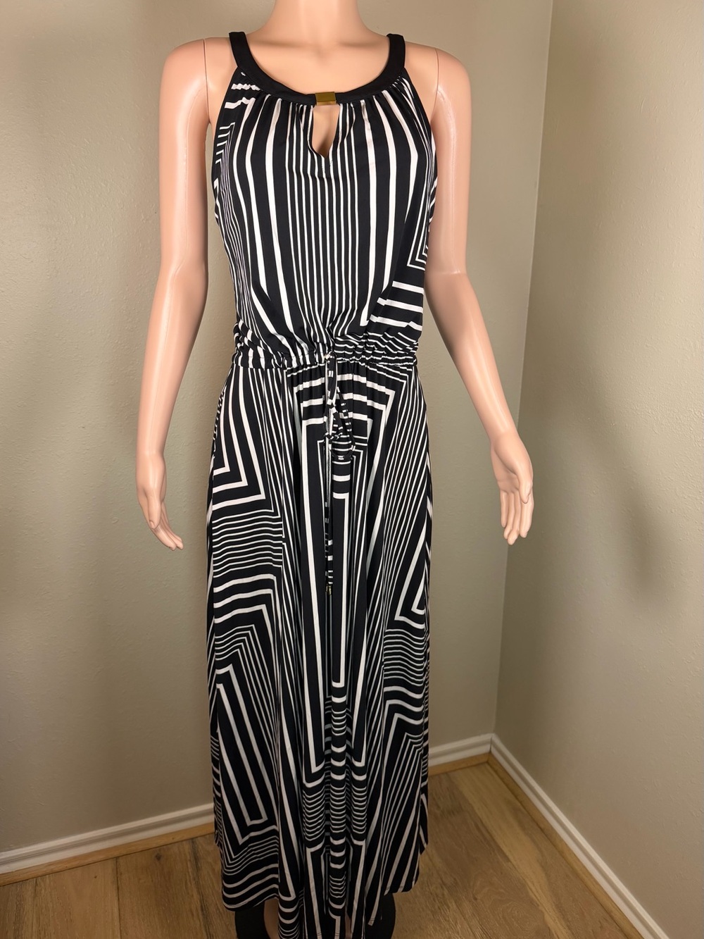 Calvin Klein Black and White Geometric Halter Maxi Dress